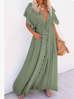 Green Long Dress Bikini Cover Up Beach Swimwear Coverups Button Dresses